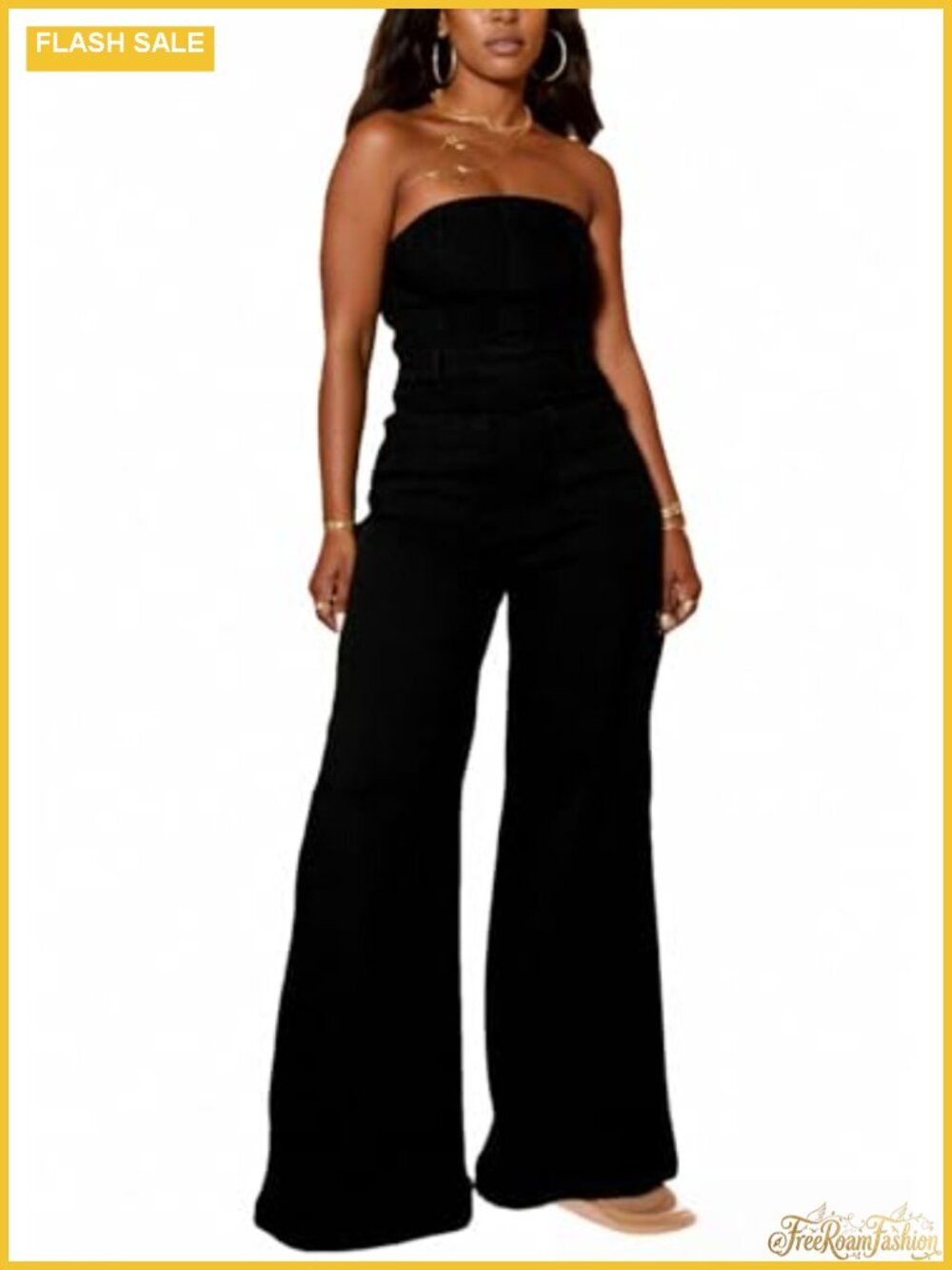 Strapless Denim Jumpsuit Wide Leg Romper Pockets